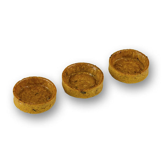 Delicious and savory Slim Line Snack Tartelettes with tomato flavor, coated with a delicate gecoating, measuring ø 35x10mm in height, weighing 840 g and containing 210 pieces