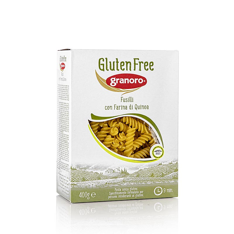 Image of Granoro Fusilli with Quinoa, a gluten-free pasta product, No 473, packaged in 12 x 400g boxes, totaling 48 kg