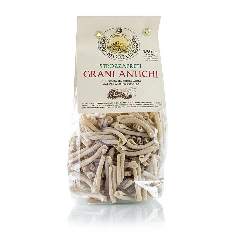 Packung mit 250 g Morelli 1860 Strozzapreti, auch bekannt als Priesterwürger, Grani Antichi, traditionelle italienische Pasta