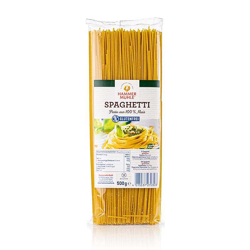 German: Bild einer Verpackung von Hammermühle - Spaghetti aus Mais, laktose und glutenfrei, 500 g, für Menschen mit Laktose- und Glutenintoleranz geeignet