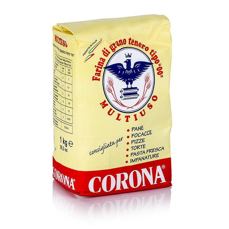 German:

Packung Mehl farina corona multiuso, ideal zum Backen und für Teigwaren, 1 kg