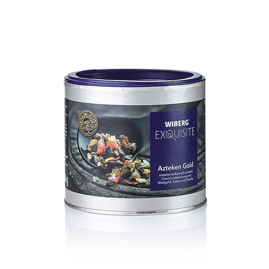 Gold-colored Wiberg Exquisite Azteken Gold spice preparation, 250 grams packaging (English)