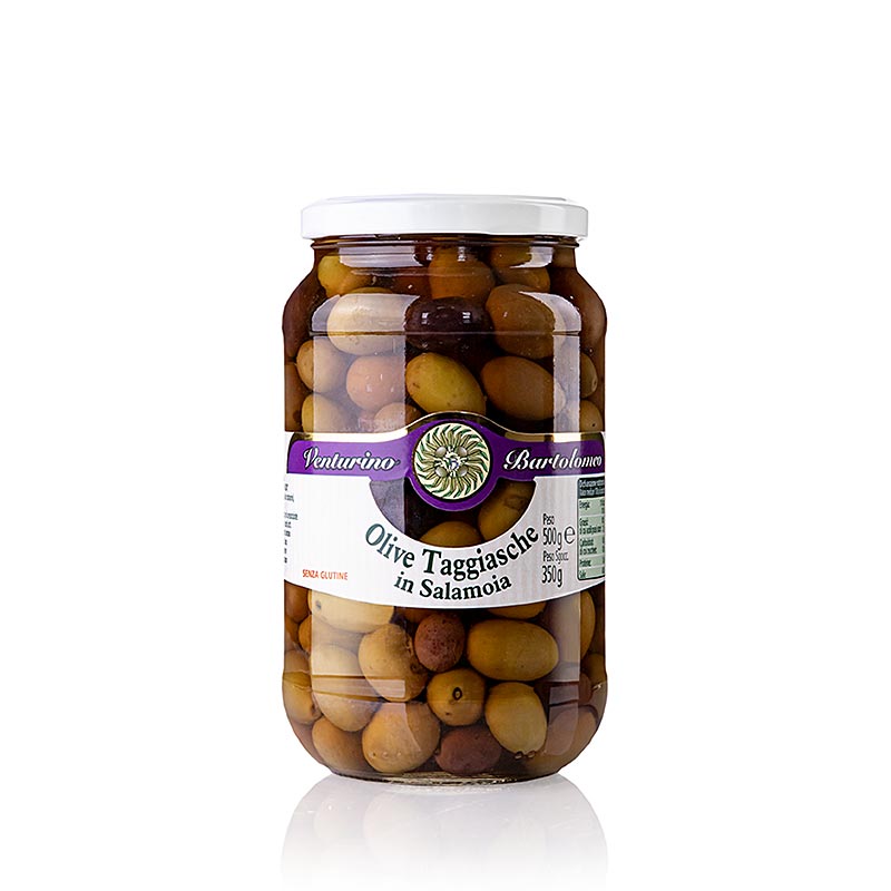 500 g of Venturino's green and black Taggiasca olives in brine, with pits, Oliven Mischung