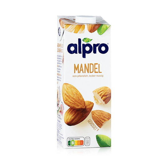 A 1-liter carton of Alpro Original sweetened almond drink with a light brown color and blue label on a white background