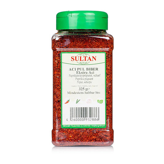 A close-up image of a 325g container of Pul Biber, a Turkish chili seasoning