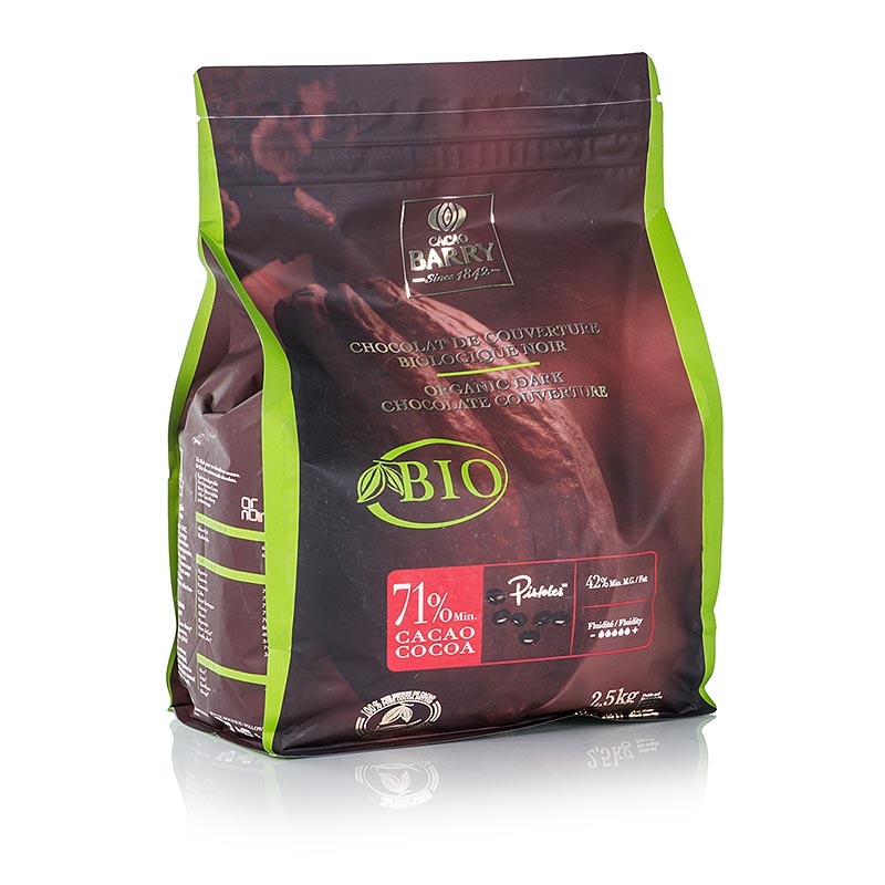 Organic Cacao Barry Couverture Dunkel 71% Kakao Callets, 25 kg packaging (English)