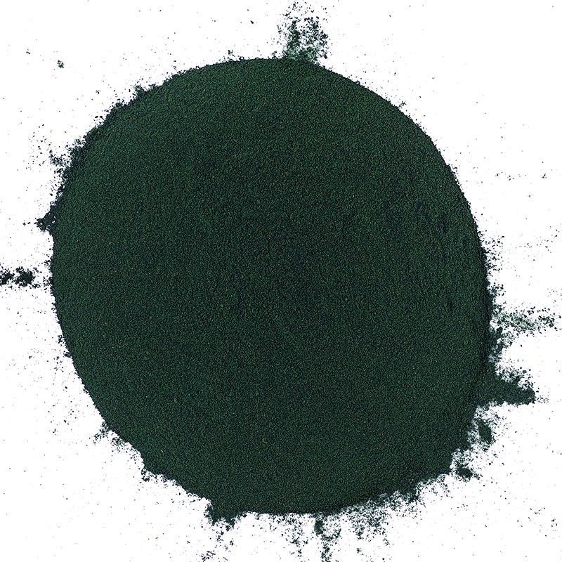 Fein gemahlenes Spirulina platensis (Blaualgen) in einer 500 g Packung, reich an Nährstoffen und Antioxidantien für eine gesunde Ernährung