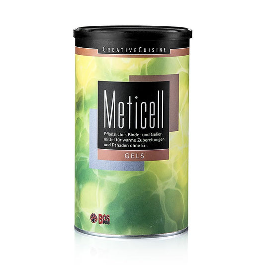 Kreative Küche Meticell, Geliermittel Methylzellulose, E 461, 300 g - Produktfoto mit Verpackung und Inhaltsangabe