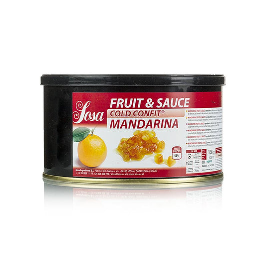 Sosa Cold Confit - Mandarine, Frucht & Sauce, mit Schale (37243), 1,5 kg - Produktbild einer leckeren Fruchtkonfitüre mit Orangenschalen in einer 1,5 kg Verpackung