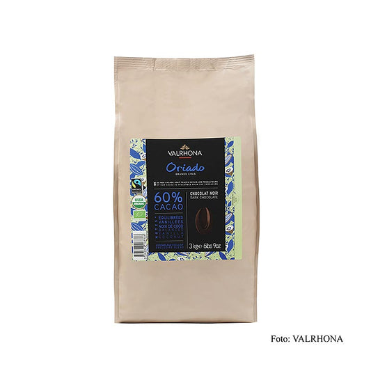 Alt text: Valrhona Oriado, Couverture Dunkel, Callets, 60% Kakao, BIO, 3 kg - hochwertige dunkle Schokolade mit 60% Kakaoanteil, ideal zum Backen und Kochen, in praktischen 3 kg Packungen