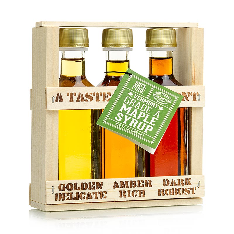 Ahornsirup Testbox Taste of Vermont (Golden, Amber, Dark), 300 ml, 3 x 100ml - 3 verschiedene Sorten Ahornsirup in einer praktischen Probiergröße, ideal zum Testen und Verkosten