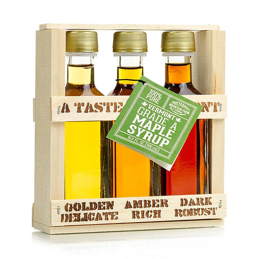 Ahornsirup Testbox Taste of Vermont (Golden, Amber, Dark), 300 ml, 3 x 100ml - 3 verschiedene Sorten Ahornsirup in einer praktischen Probiergröße, ideal zum Testen und Verkosten