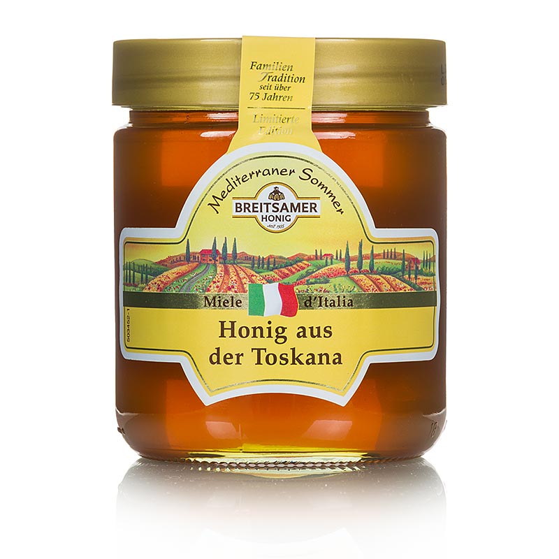 Breitsamer Honig Mediterraner Sommer, Toskana, 500 g - A jar of Breitsamer honey from the Mediterranean summer in Tuscany, weighing 500 grams