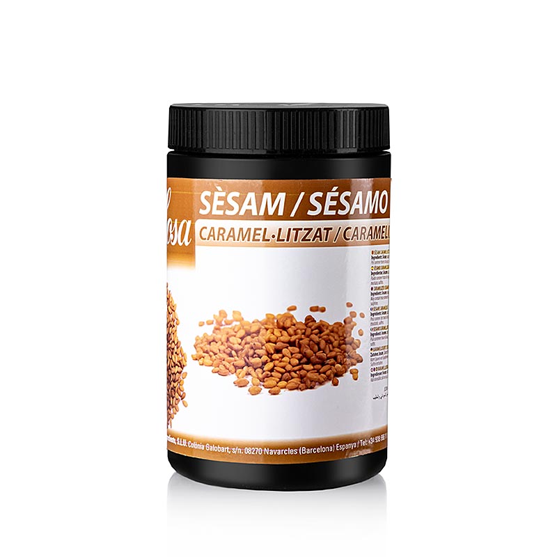 Alt text: 600 grams of whole, white Sosa caramelized sesame seeds in a packaging