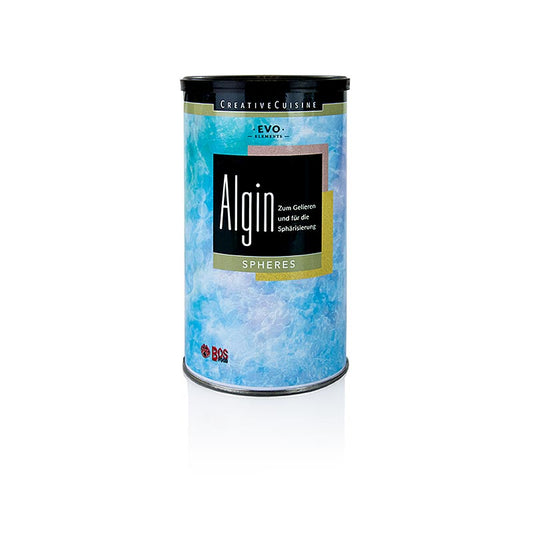 White and blue packaging of Creative Cuisine Algin, Spherifikation, 500 g, a product for molecular gastronomy and modernist cuisine