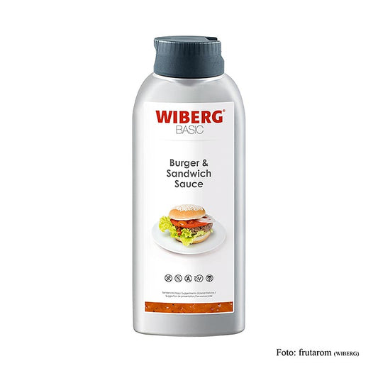 Close-up of the 695 ml WIBERG Burger und Sandwich Sauce bottle with red and white label, perfect for adding flavor to your favorite burgers and sandwiches