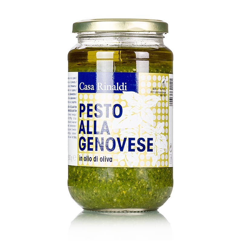 Pesto Genovese, a vegan and lactose-free basil sauce by Casa Rinaldi, 500 g, perfect for adding flavor to pasta dishes and as a spread for sandwiches