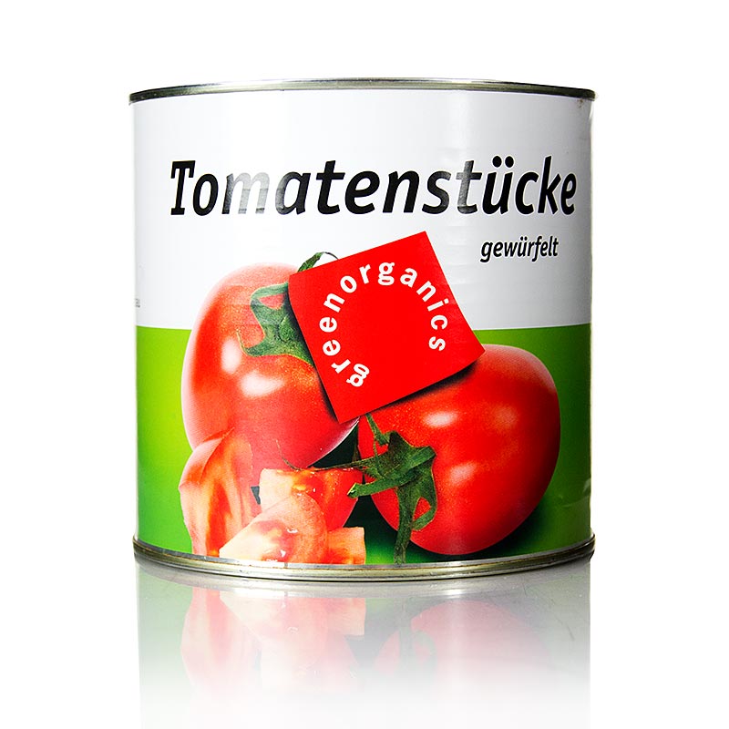 Organic green tomato pieces in a 255 kg packaging, perfect for cooking and preserving (English)