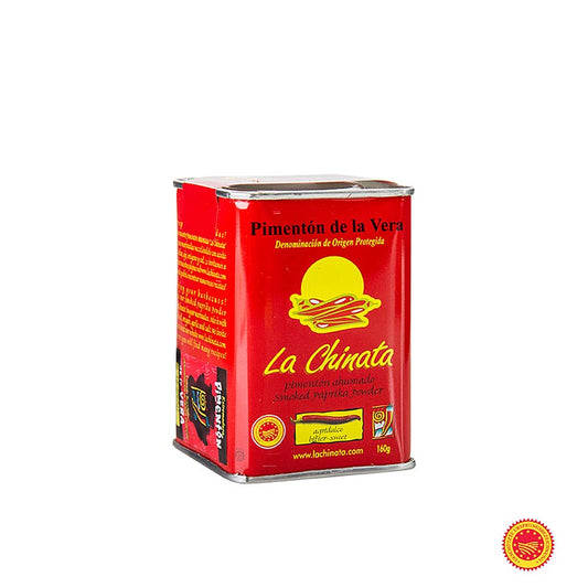 Alt text: Paprikapulver - Pimenton de la Vera DOP/gU, geräuchert, bittersüß, la Chinata, 160 g - Spanish smoked sweet paprika powder from la Vera region, 160g (German)