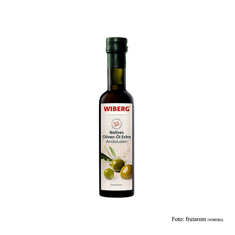 250 ml bottle of Wiberg Natives Olivenöl Extra, Kaltextration, Andalusien, a high-quality cold-pressed olive oil from Andalusia, Spain (English)