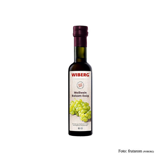 Close-up image of Wiberg Weißwein Balsam-Essig bottle, 250 ml, with 6% Säure, a high-quality white wine vinegar perfect for enhancing flavors in cooking and dressing salads (English)