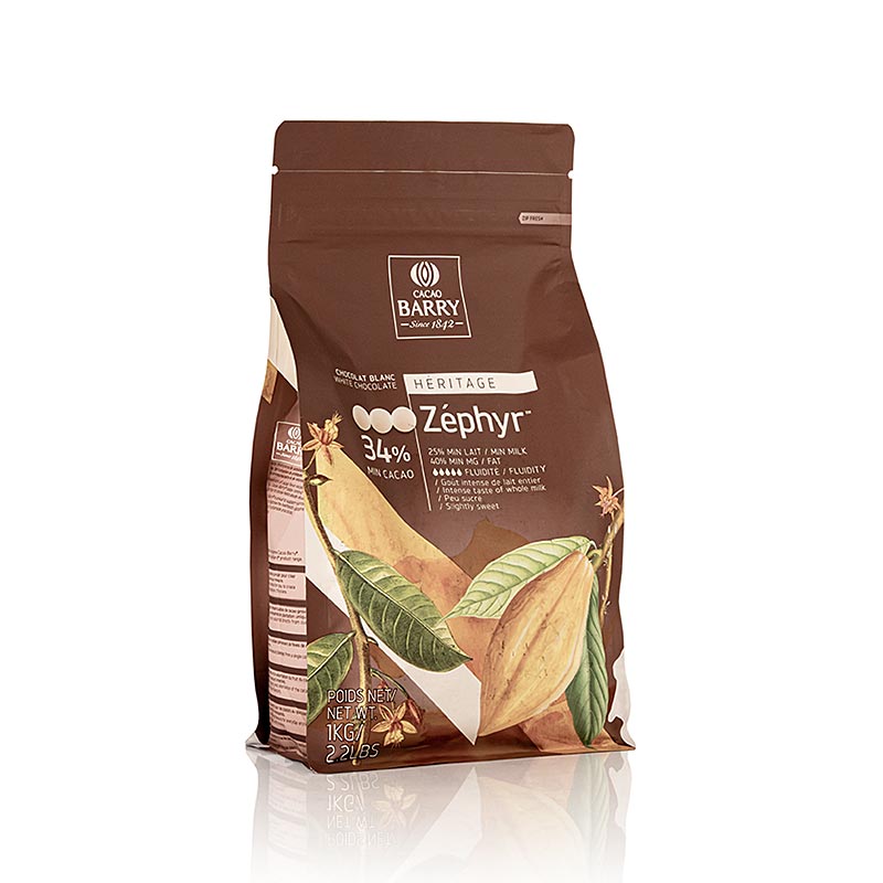 A 1 kg bag of Zéphyr white chocolate Callets with 34% cocoa, a premium product for baking and confectionery purposes