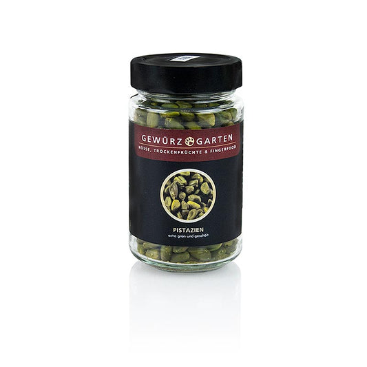 alt=Premium quality 150g of dark green shelled pistachios from Gewürzgarten, a top-rated brand