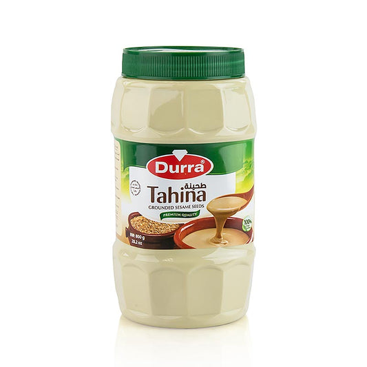 800 g jar of Durra brand Tahini Sesampaste Tahina with rich, creamy texture and nutty flavor, perfect for Middle Eastern cuisine (English)