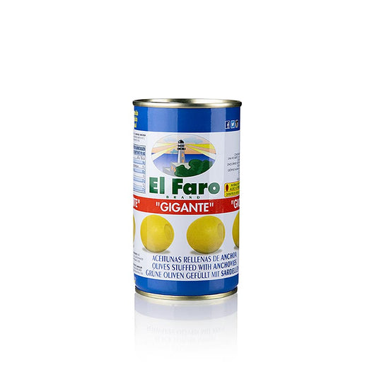 A 350g jar of El Faro GIGANTE green olives without pits, stuffed with anchovies (sardines), perfect for adding a burst of flavor to your dishes