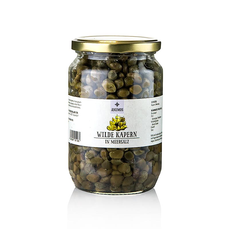 600g of Anemos Wilde Kapern preserved in Meersalz, a high-quality product (English)