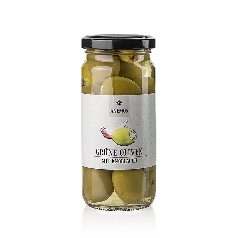 A 227g jar of ANEMOS Grüne Oliven without kernels, infused with garlic, and marinated in brine