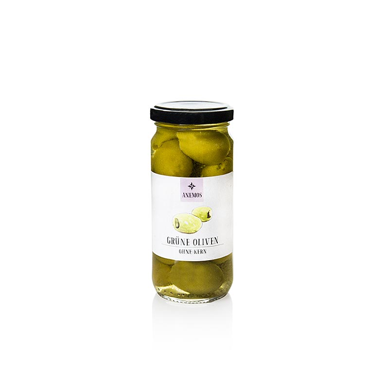 Anemoss 227g jar of pitted green olives in brine, perfect for snacking or adding to recipes