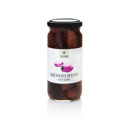 Anemos 227g jar of pitted Kalamata olives in brine, perfect for Mediterranean cooking