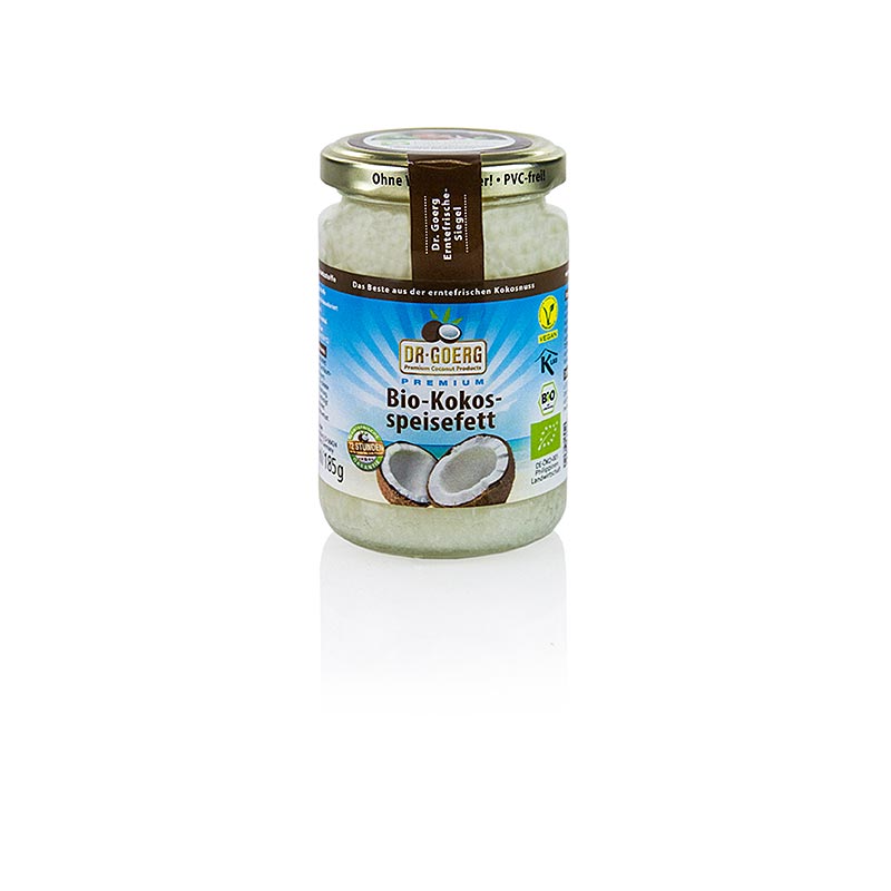 Alt text: Organic DrGoerg Kokosspeisefett in a 200 ml jar, a natural and versatile product for cooking and baking (German)