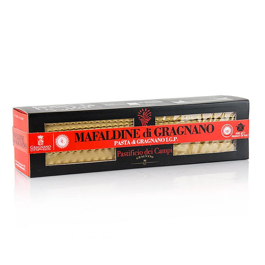 500g package of Pastificio dei Campi No20 Mafaldine, Pasta di Gragnano, IGP/gU, with traditional Italian pasta from Gragnano