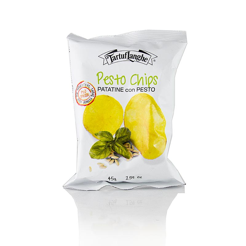 45g bag of Tartuflanghe Pestochips, potato chips with delicious pesto flavor