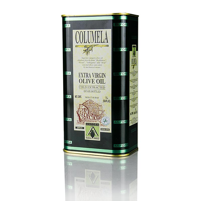 1 liter of Columela Cuvee Natives Olivenöl Extra, premium quality olive oil (English)