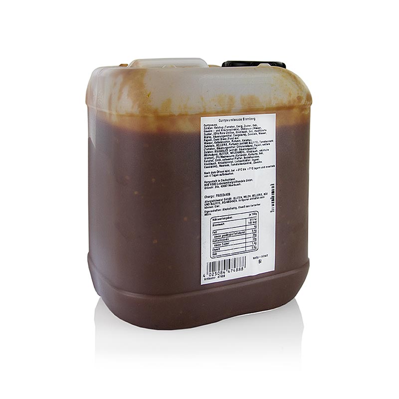 English: Stembergs Currywurstsauce, 5 l - a large container of savory and flavorful currywurst sauce for enhancing your favorite dishes