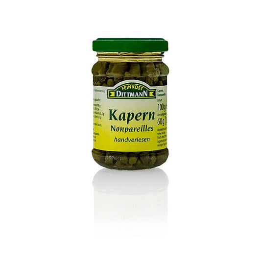 Kapern Nonpareilles by Dittmann, a 100 g jar containing small, round, 4-7mm capers