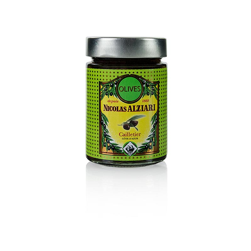 A 220 g jar of Alziari Oliven Mischung, featuring a mix of green and black Cailletier olives with pits, preserved in brine