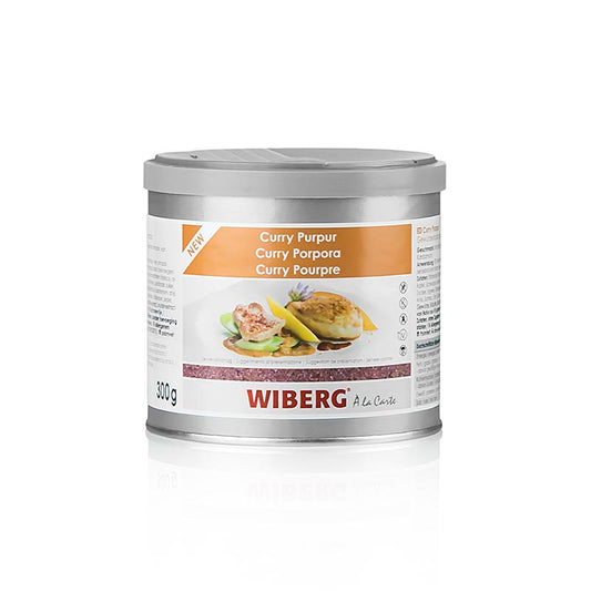 Close-up image of Wiberg Curry Purpur, a 300g spice extract preparation with vibrant colors and aromatic spices in a transparent container (English)