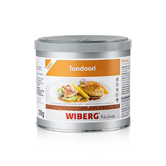 Close-up of Wiberg Tandoori Indian-style spice mix packaging, 210g