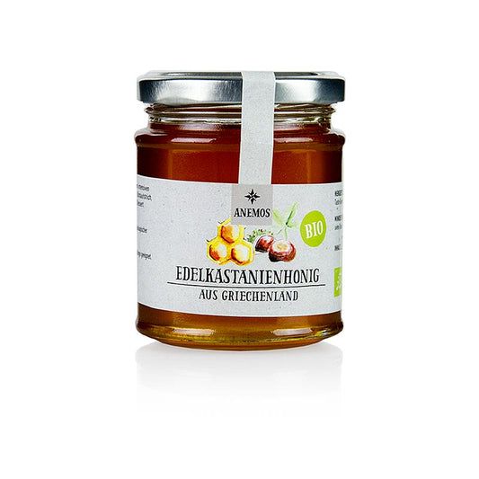 Alt text: Organic ANEMOS Edel-Kastanienhonig (chestnut honey) in a 270 g jar, perfect for sweetening desserts and adding to teas and yogurts