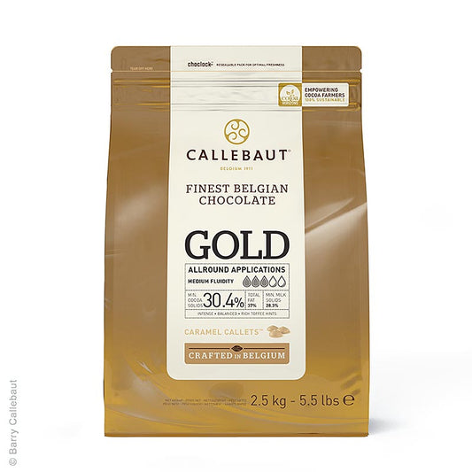 Large 25 kg bag of GOLD Schokolade Callets with 304% cocoa and a caramel note, perfect for baking and cooking