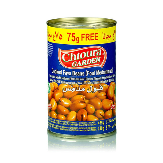 A can of Chtoura Garden brand 475g cooked foul medammas, fava beans, ready to eat