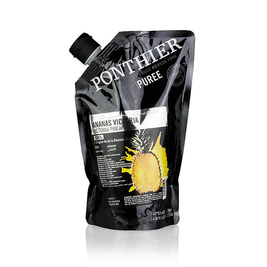 Alt text: Eine Packung Püree mit der Sorte Victoria Ananas, 100% Fruchtgehalt, ohne Zuckerzusatz, 1 kg, ideal für vielseitige kulinarische Anwendungen