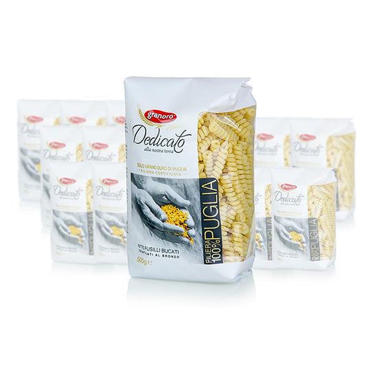 Granoro Dedicato Fusilli Bucati, also known as Spiralnudel, is a 10 kg package containing 20 x 500g of this delicious pasta