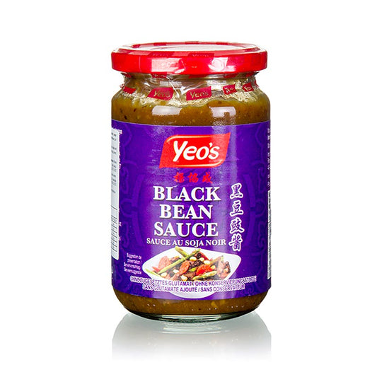 270 g bottle of Yeo's Black Bean Sauce with Garlic, a savory and aromatic condiment for cooking Asian-inspired dishes (English)