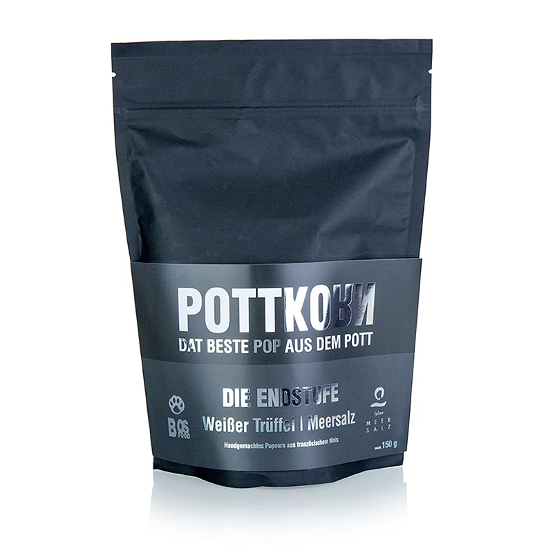 Delicious 150g bag of Pottkorn Trüffel Endstufe popcorn with white truffle & sea salt, perfect for a gourmet snacking experience