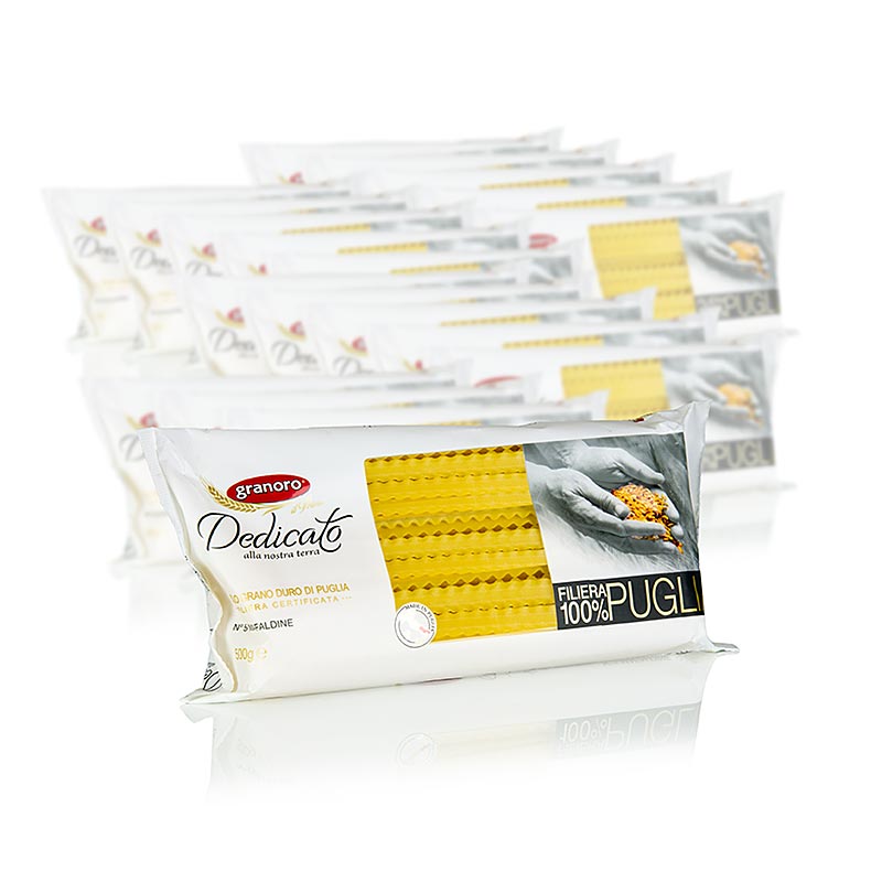 10 kg package of Granoro Dedicato Mafaldine, 10mm wide wavy ribbon pasta, No5, displayed in 20 individual 500g packages